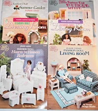 6 Fashion Doll Plastic Canvas Dollhouse Furniture Pattern Books Leaflet Vintage