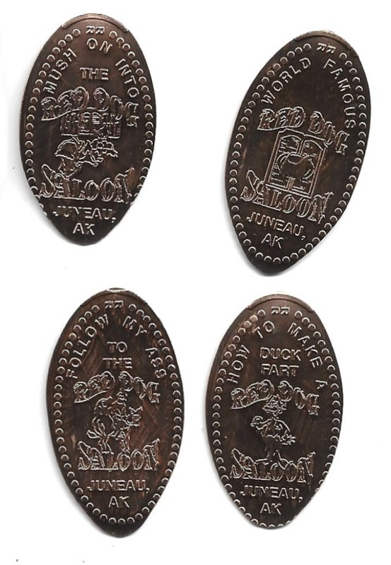 4 Copper elongated pennies (cents) RED DOG SALOON Juneau AK m#1 two-sided