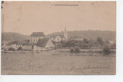 Old postcard DAMPIERRE SUR LE DOUBS - LE MOULIN ET LE CHÂTEAU 1908 (SEEN FROM BAVANS)