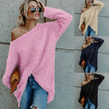 Ladies Off The Shoulder Long Sleeve Loose Sweater Jumper Pullover Tops Blouse
