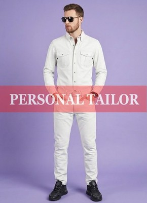 Men's 100% Lambskin White Leather Jeans Pant & Shirt Chest Pockets Style