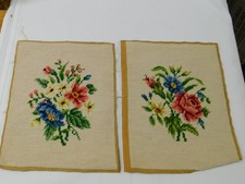 2 Vintage COMPLETED Needlepoint FLORAL Pieces Red Blue Beige 12.5 x 10"