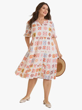 BloomChic Plus Size 18 20 White Peach Multi Tile Print Lined Tiered DRESS