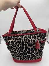 Coach Park Ocelot Print Carrie Tote F25178 Red Leather Trim Leopard Shoulder Bag