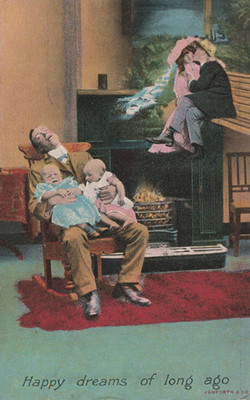 Vintage Postcard Humor Father asleep while holding two babies, Happy dreams 1908