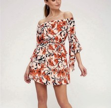 Lulus Floral Off Shoulder Mini Dress Orange Beige Ruffle Belt Flutter Sleeve S