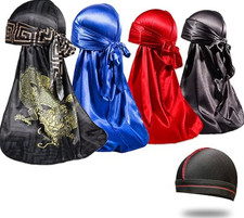 4PCS Silky Durags for Men 360 Waves, Designer Do Rag, 1 Wave Cap