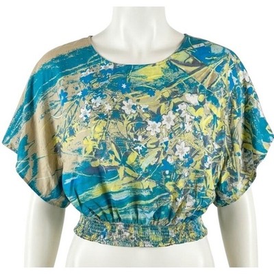 Cato Blouse  Size L Green Beige Boho Watercolor Floral Crop Top Festival Artsy