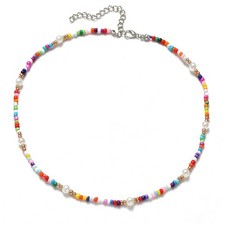 Colorful Beaded Pearl Necklace for Women Handmade Summer Boho Choker Trendy Beac