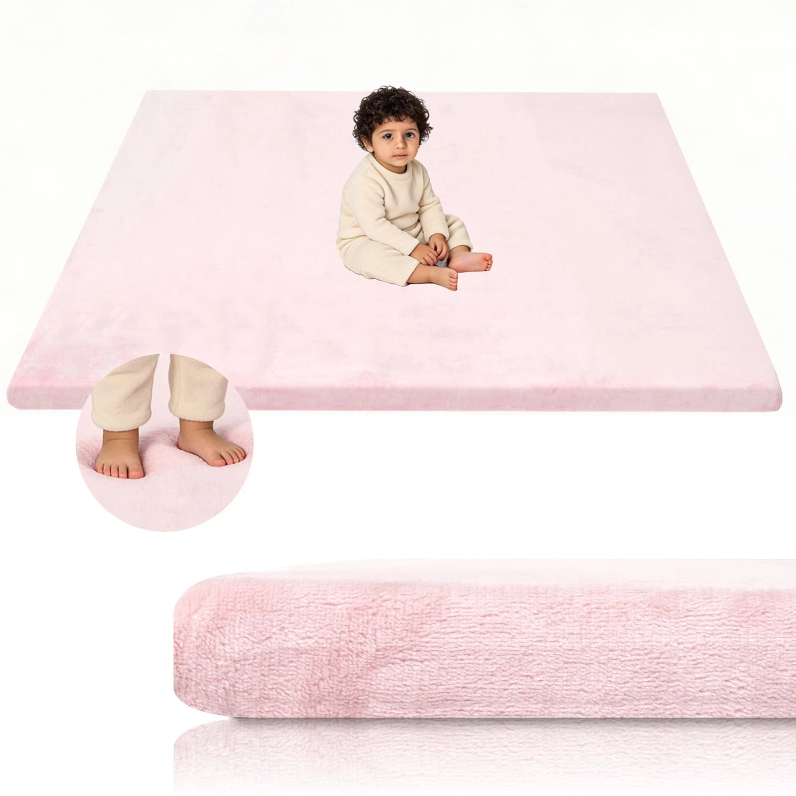 Velvet Baby Play Mat for Floor, 1.3" Thick Elasti-Foam 50"×50" Playpen Mat wi...
