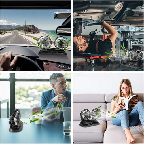 Car Dual Head Cooling Fan USB 360° Air Cooler Auto Van Truck Dashboard 12V 24V - Picture 10 of 12