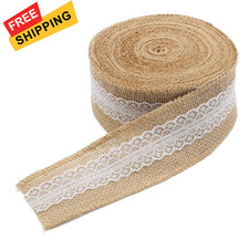 CCINEE 5.4 Yards Natural Jute Burlap Ribbon Roll with White Lace Trims