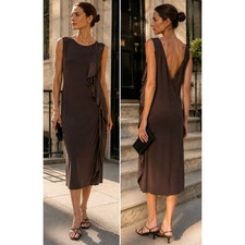 Halston Silk Midi Dress Brown Draped Ruffle Deep V Back 90s Minimalist 12