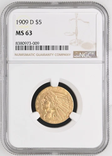 1909 D Gold Half Eagles $5 Indian Head NGC MS-63 CAC