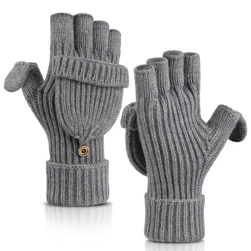 Winter Fingerless Gloves for Women Men, Thermal Knitted Convertible Mittens w...