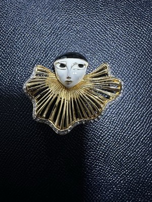 Vintage CINER Gold Tone Enamel Rhinestone Pierrot Large Brooch  RARE