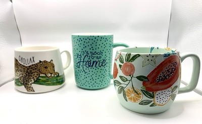Kitschy  Lot 3 Mugs Cheetah Leopard, Green Dots, Fruit  Squeeze The Day  Chillax