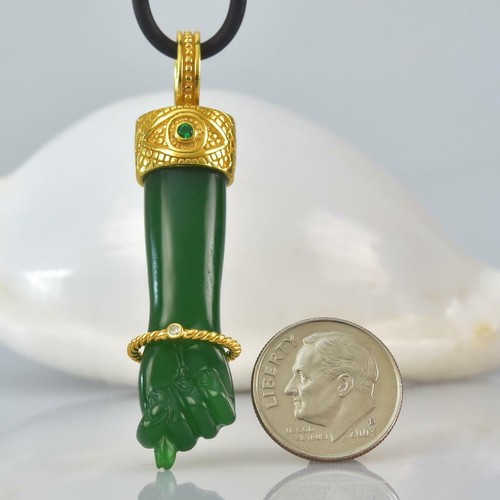 Gold Vermeil Sterling Mano Fico Figa Anhänger Chalzedon Smaragd Diamant 11.70 G - Bild 9 von 11