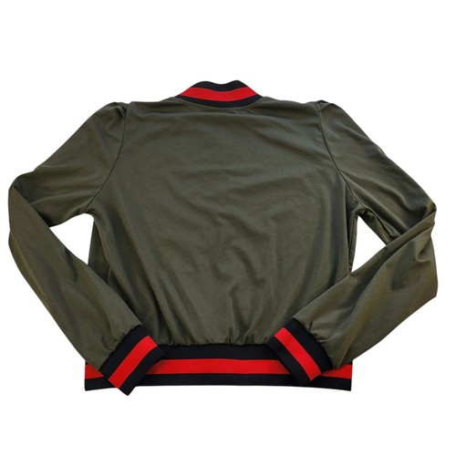 Olive Green Varsity Jacket Womens Small Black Red Striped Puff Shoulder Full Zip - Picture 4 of 9