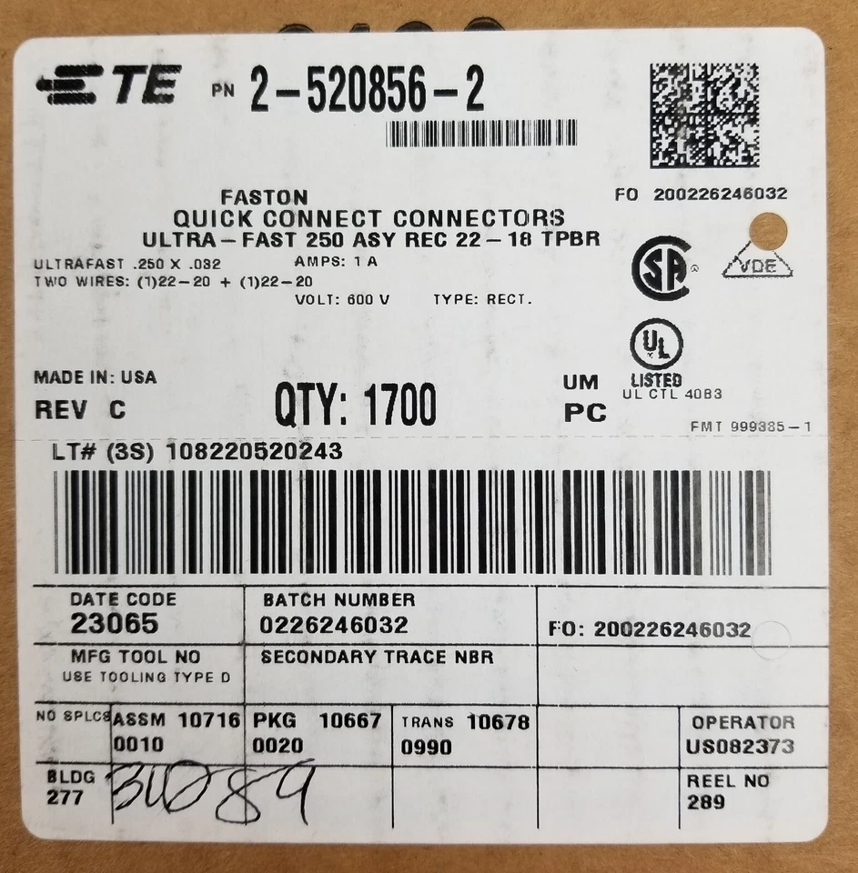 TE Connectivity 2-520856-2 22-18AWG Red FASTON Crimp Socket Pins 1700pcs NEW - Image 3 of 4