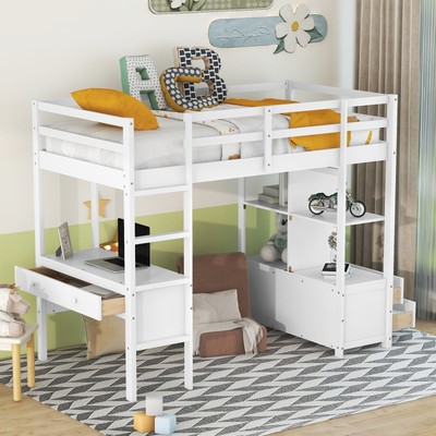 Twin  Size Loft Bed with Built-in Desk with Two Drawers, and Storage Shelves and