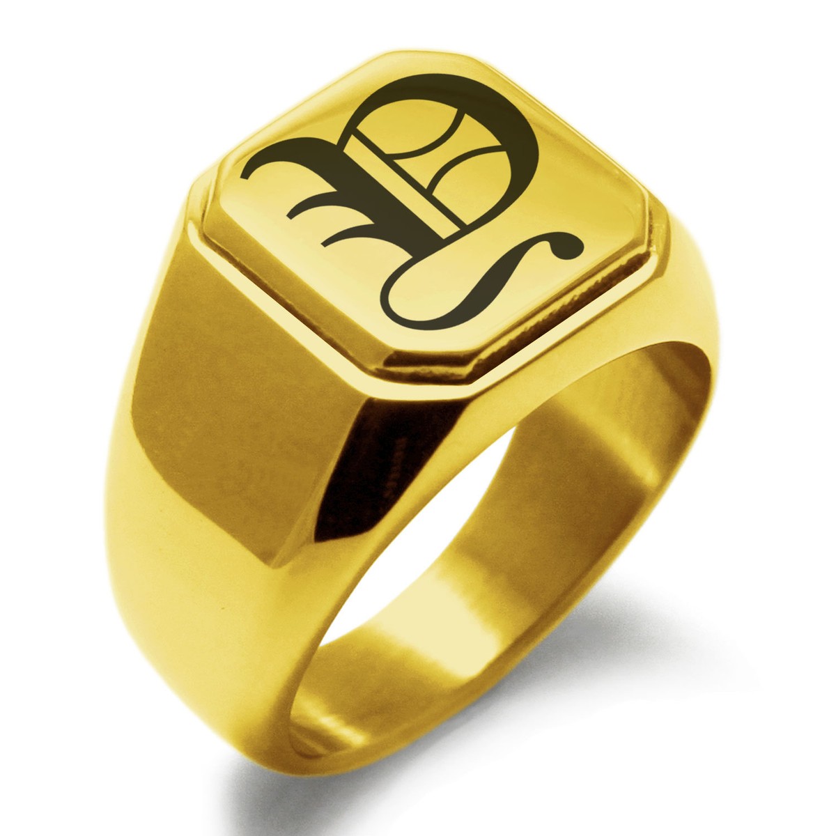 Stainless Steel Monogram Old English Font Y Mens Square Biker Style Signet  Ring