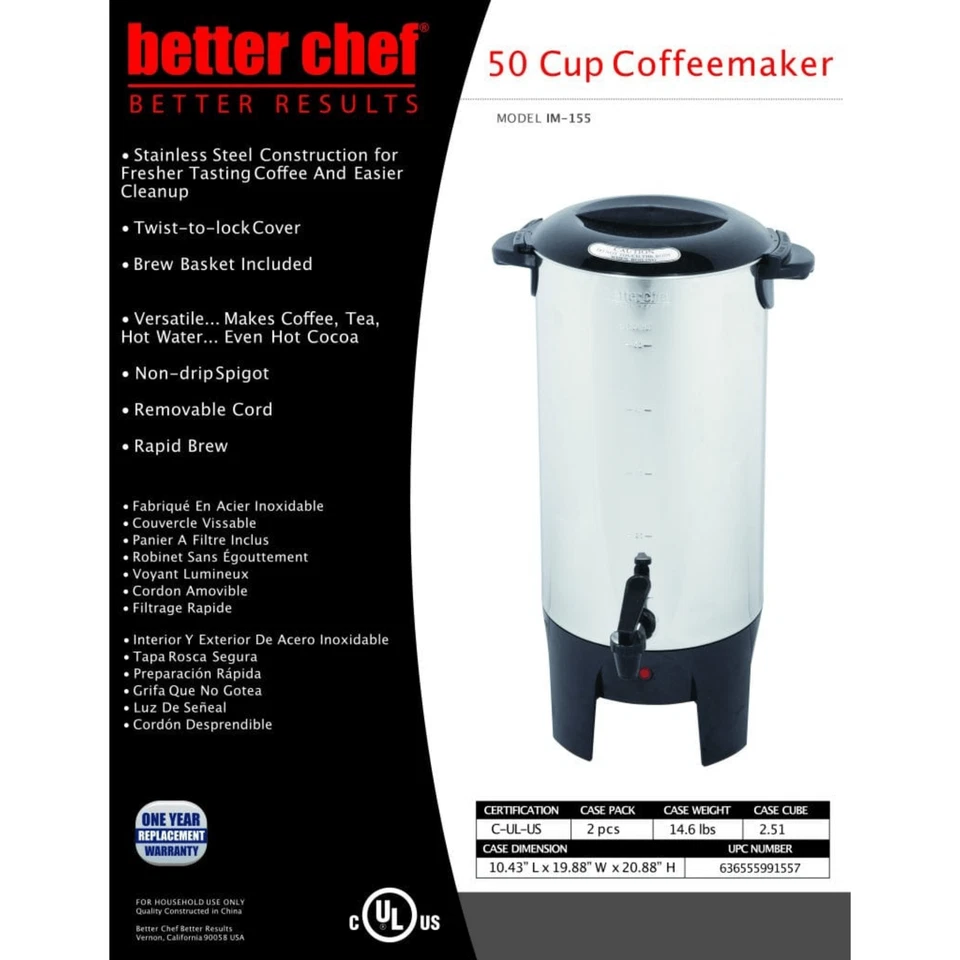 Better Chef 10 to 50 Cup Stainless Steel Urn Coffeemaker with Brew-Basket - Image 4 of 4