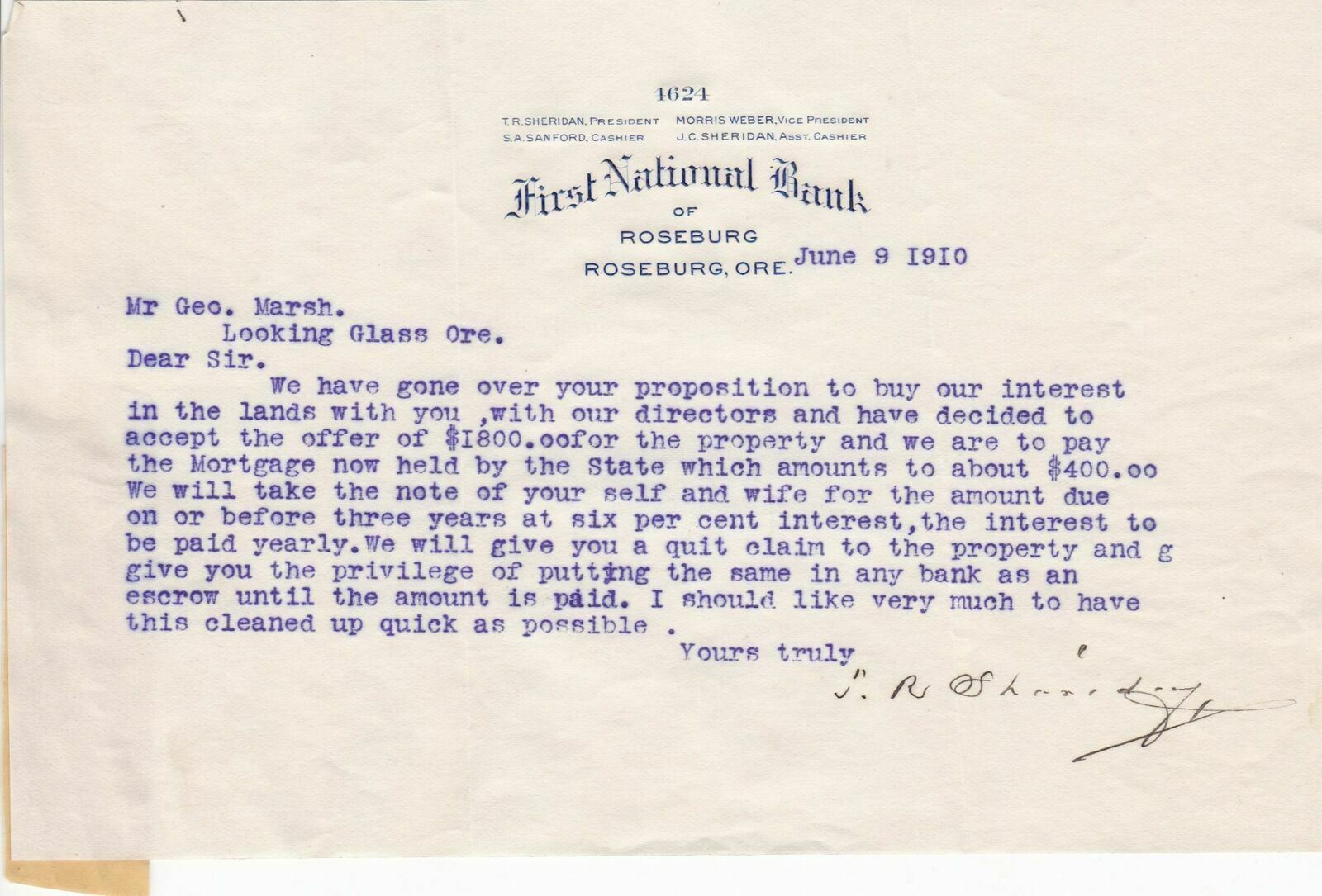 U.S. First National Bank Roseburg Oregon 1910 Land & House Buying Letter Rf41784
