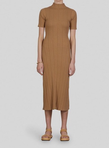 $410 Anna Quan Women's Beige Tamsin Mock-Neck Midi Dress Size AU12 US 8