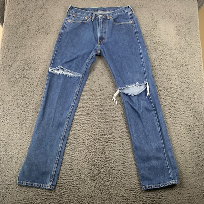 Levis 505 Mens Jeans 32x33* Straight Blue Ripped 100% Cotton Dark Wash Denim