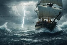 PIRATE SHIP IN STORM ART PRINT, Ocean Tornado Fantasy Wall Decor Nautical Poster
