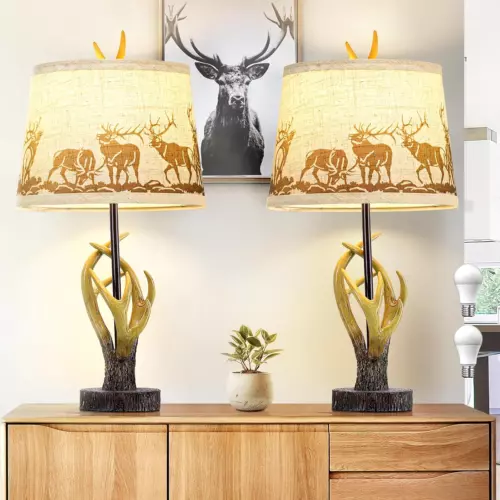 Rustic Antler Table Lamps for Bedrooms Set of 2, 24.4" Deer End Table Lamps for 