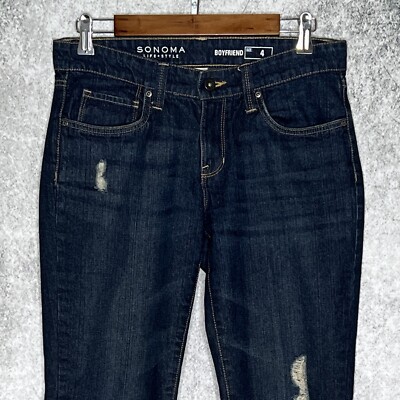 Sonoma womens 100% cotton distressed boyfriend jeans size 4 dark wash low rise