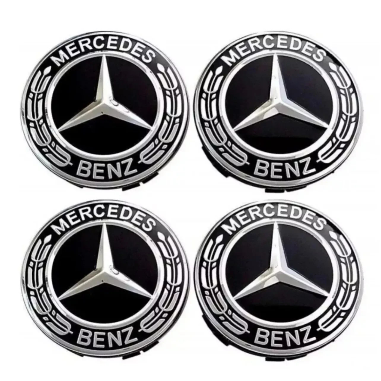 4 x Black Mercedes Benz 75mm Alloy Wheel Centre Caps AMG A B C E S M ...