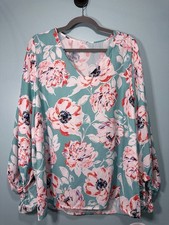 Floral V-Neck Long Sleeve Blouse Teal Pink