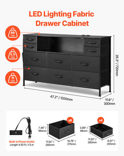 10 Fabric Drawer Dresser with Open Storage Shelf LED Lights & Outlet Black - Picture 2 of 12