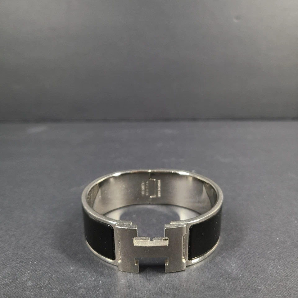 Pulsera Hermes Clic Clac H plata esmalte negro ancho PM 100% auténtica Foto 2 de 4