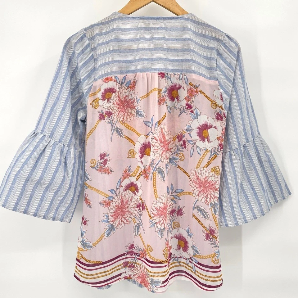 Savanna Jane Womens Medium Embroidered Blouse Striped Floral Bell Sleeve Boho - Image 2 of 4