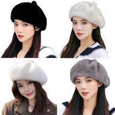 Women Vintage French Style Beret Hat Soft Faux Fur Fluffy Warm Cap Beanie Winter