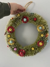 Vintage Mid Century Christmas Wreath Bottle Brush 11” Snow Green Kitsch Atomic