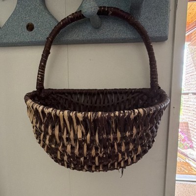 Wicker Hanging Oval Basket with Handle, Brown & Beige, Rustic Traditional, Small