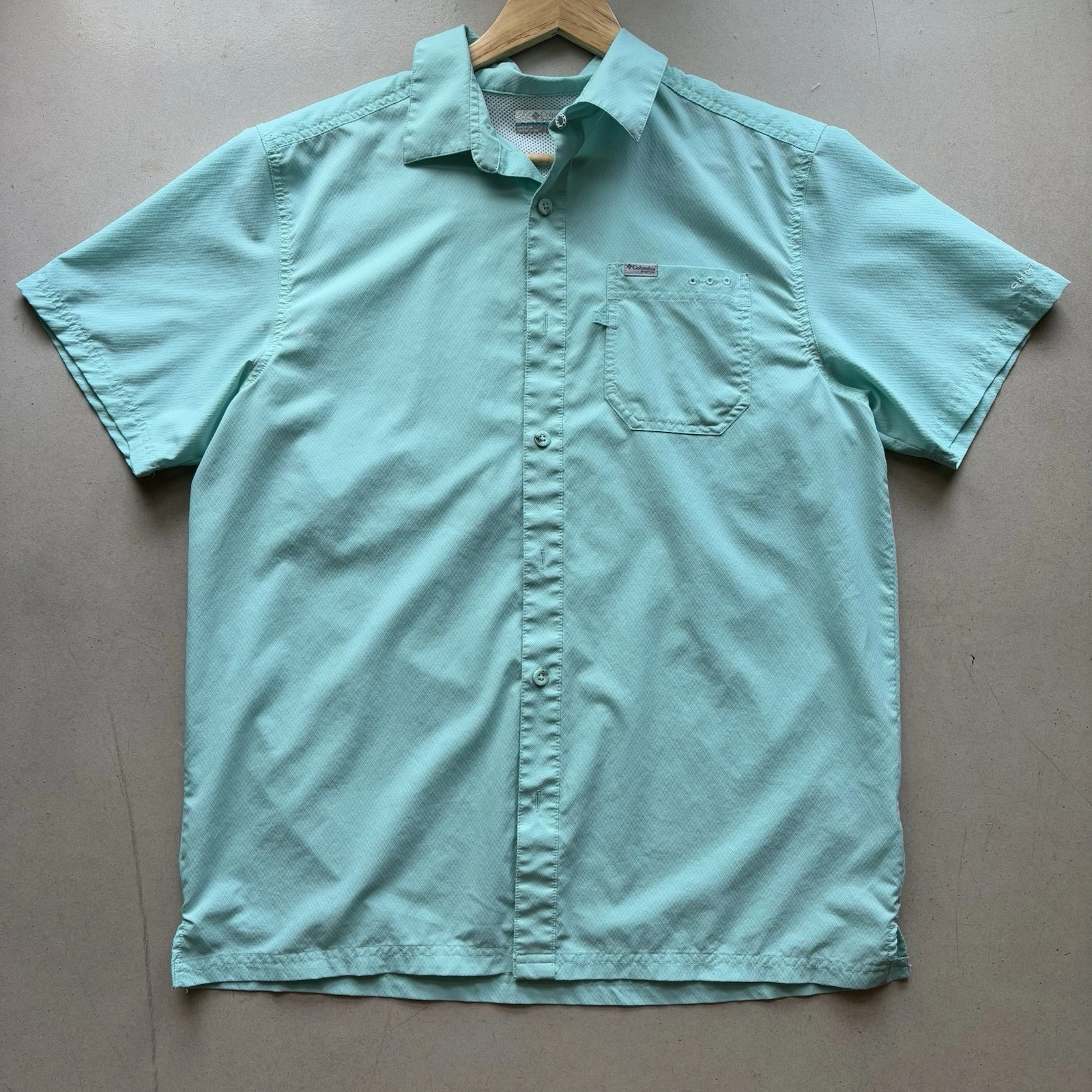 Columbia PFG Omni Shade Polo Mens Teal Short Sleeve Fish Shirt sun protection