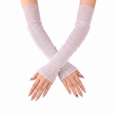 Sparkly Rhinestone Long Gloves Fingerless Mesh Elbow Length Arm One Size White