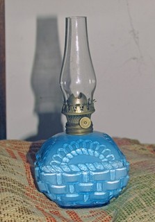Antique light blue cased glass miniature oil lamp basketweave rope twist & fan