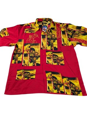 Vintage Samurai Shirt Men 2XL Red Yellow Button Front All Over Print Warrior NWT