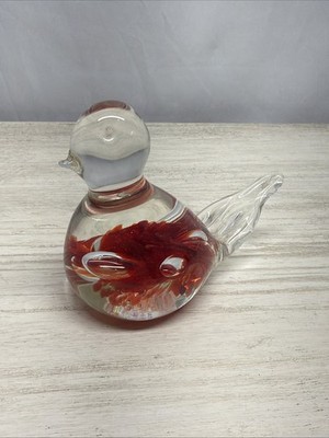 1977 St Clair Glass Long Tail Bird Paperweight by Maude and Bob Flambé Red