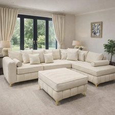 L Shape Left Hand or Right Hand Corner Chaise Sofa Cream Velvet Footstool Sale