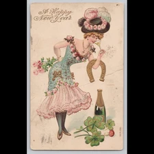 Antique Postcard A Happy New Year Lady Horseshoe Champagne 1908 Kansas City