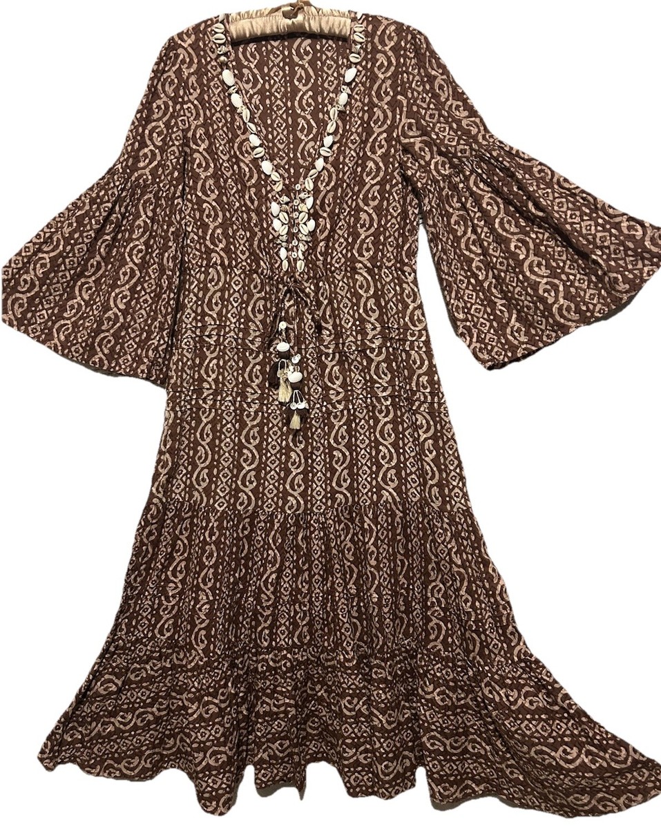 brown hippie dress Patrons Of Peace Maxi Dress Small Brown Orange Boho Tiered Smocked Hippie  NWT