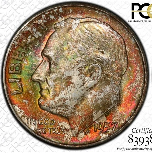 1957-D Roosevelt Dime PCGS MS66   Superb Rainbow Toned Mint Set GEM!